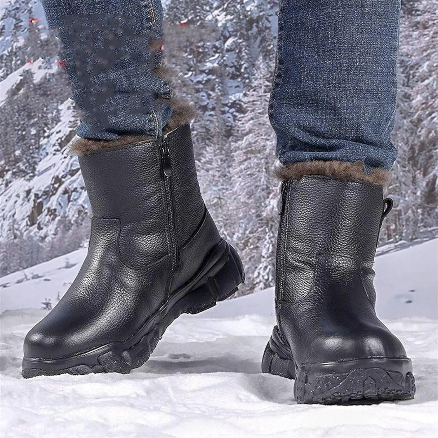 Men Non Slip Snow Boots, Men's Winter Warm Side Zipper Fur Lined Mid Calf Snow Boots, Comfortable Waterproof Hiking Boot, for Cold Weather, Lightweight Outdoor Athletic