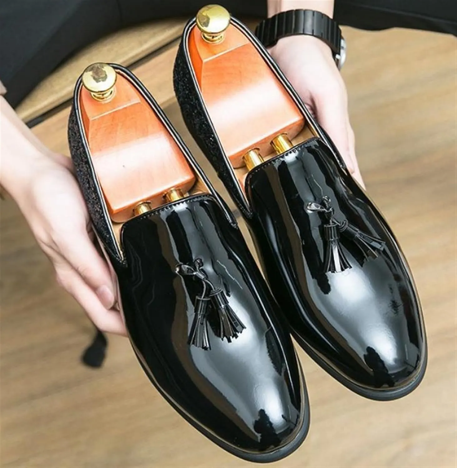Mens Glitter Loafers Penny Tassel Slip On Loafers Patent Leather Casual Chunky Heel Dress Sparkly Shoes for Party Wedding Prom