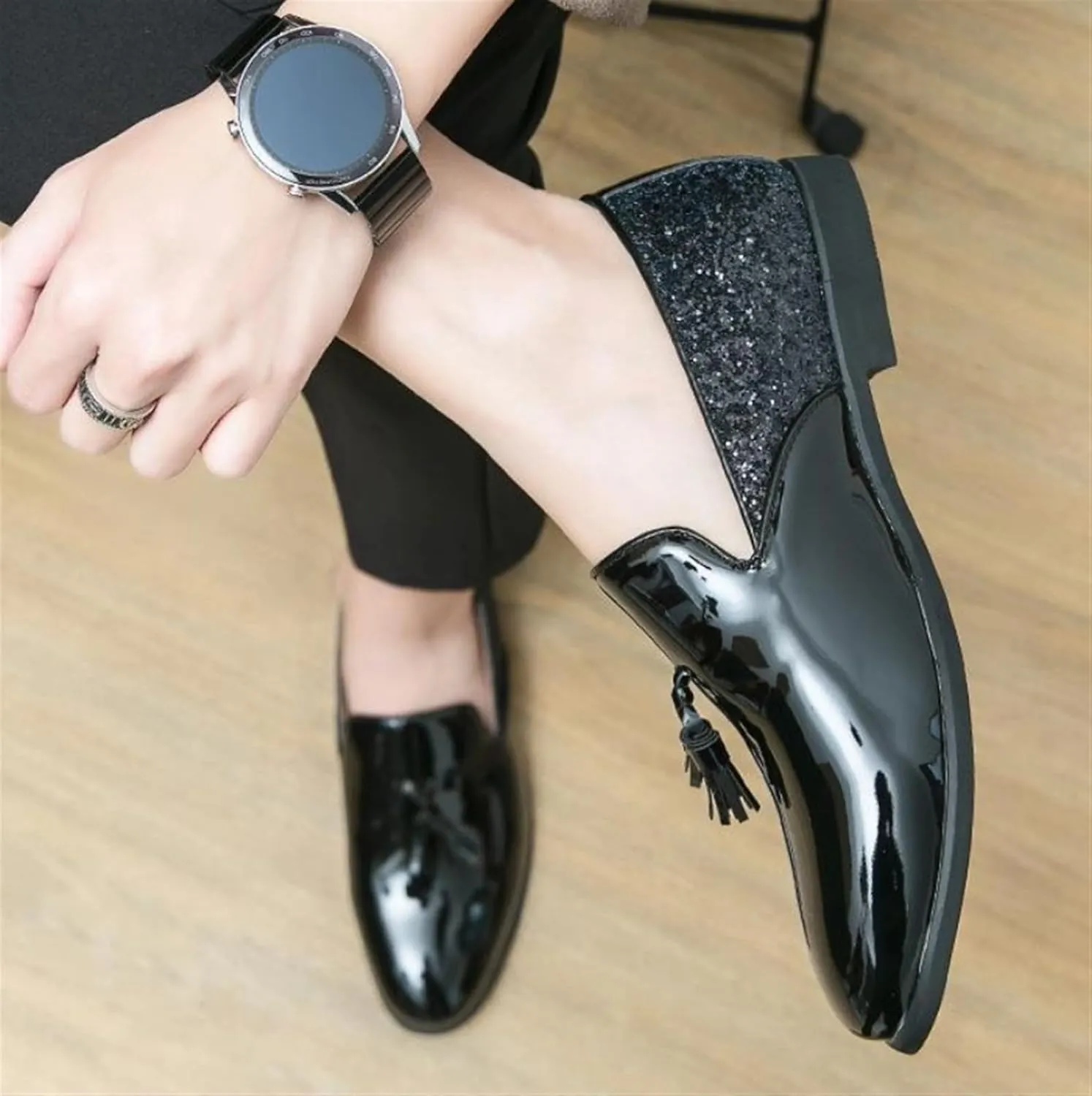 Mens Glitter Loafers Penny Tassel Slip On Loafers Patent Leather Casual Chunky Heel Dress Sparkly Shoes for Party Wedding Prom