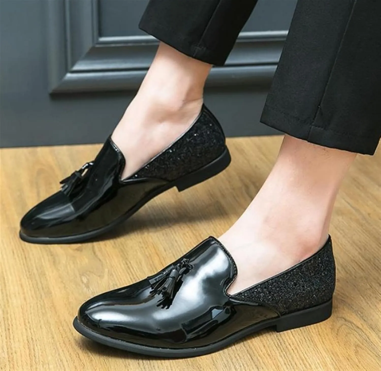 Mens Glitter Loafers Penny Tassel Slip On Loafers Patent Leather Casual Chunky Heel Dress Sparkly Shoes for Party Wedding Prom