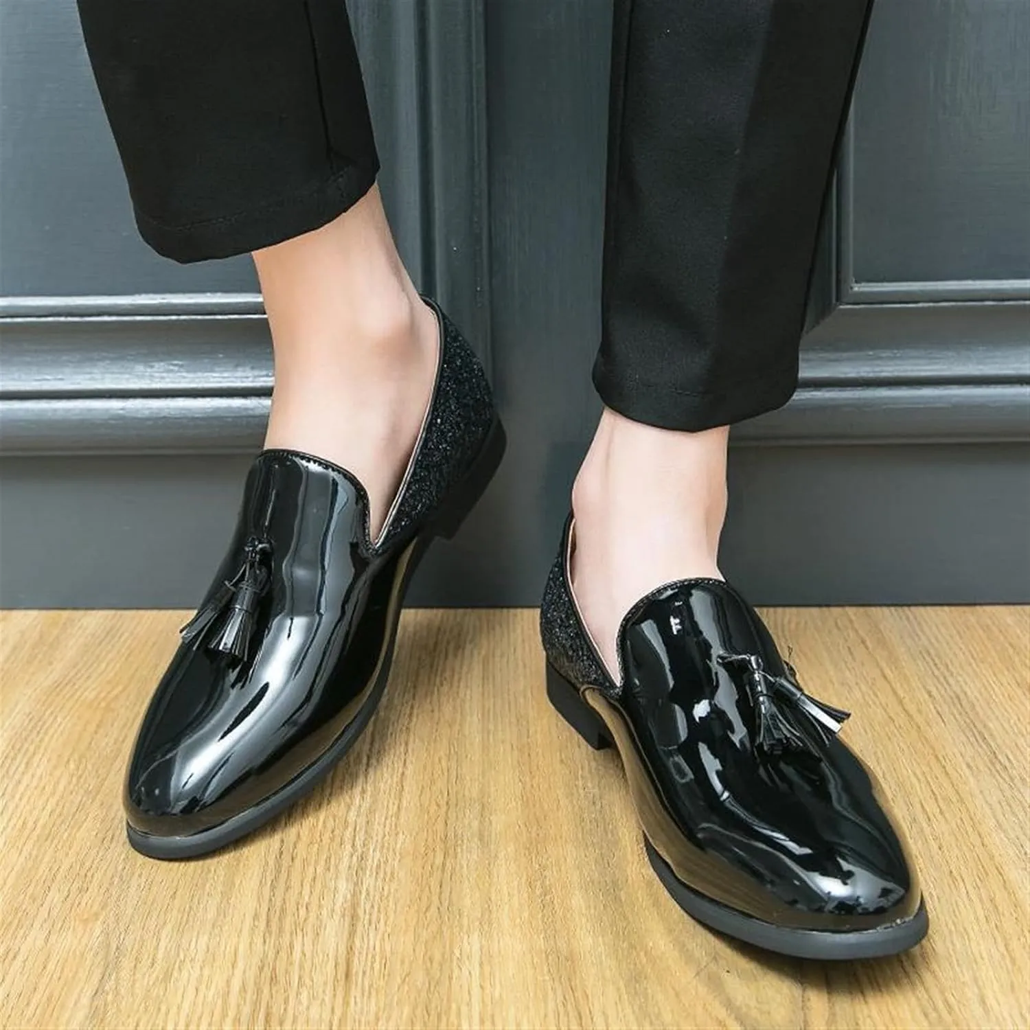 Mens Glitter Loafers Penny Tassel Slip On Loafers Patent Leather Casual Chunky Heel Dress Sparkly Shoes for Party Wedding Prom