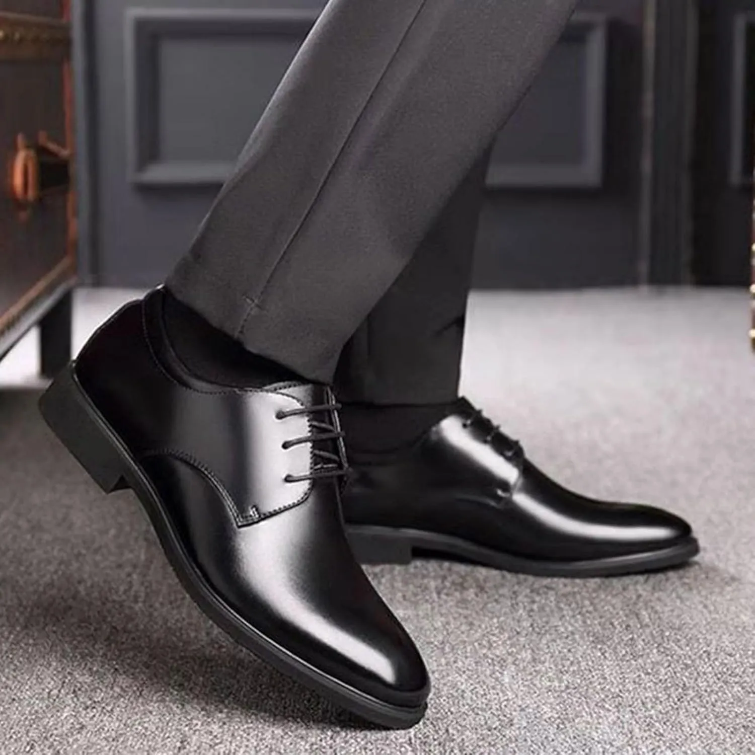 Men's Leather Formal Lace Up Oxford Shoes Classic Pointed Toe Slip-On Tuxedo Brogue Dress Shoes Casual Business Men's Derby Shoes
