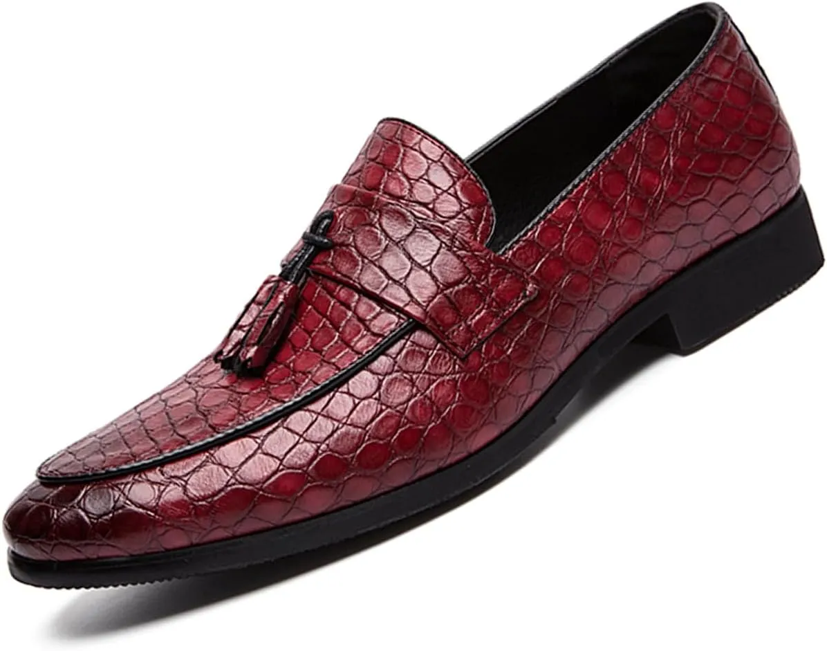 Men's Leather Print Dress Loafers with Tassel Decor Fashion Classic Point Toe Handmade Slip-on Penny Loafer Low Top Non-Slip Luxury Business Formal Shoes