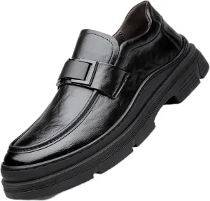 Men's Leather Round Toe Platform Slip-On Oxford Shoes,Fashion Metal Decoration Business Loafers Casual Formal Work Driving Shoes