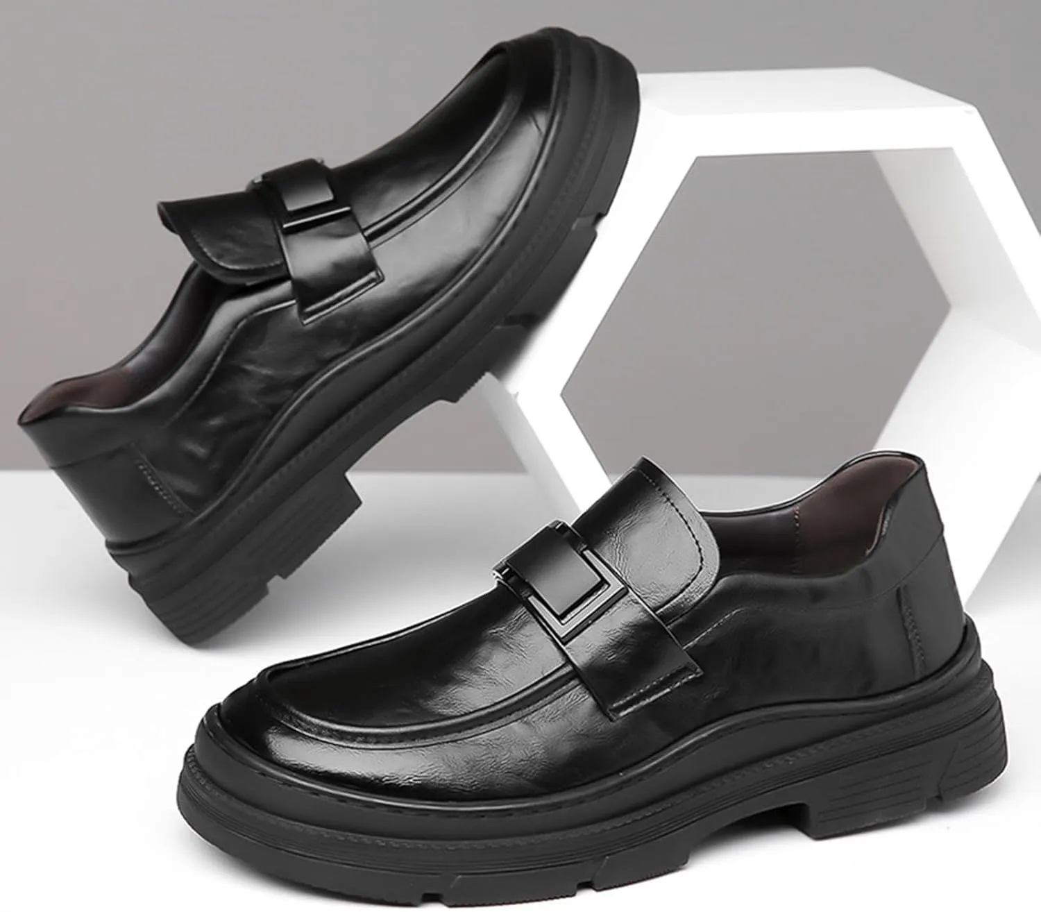 Men's Leather Round Toe Platform Slip-On Oxford Shoes,Fashion Metal Decoration Business Loafers Casual Formal Work Driving Shoes