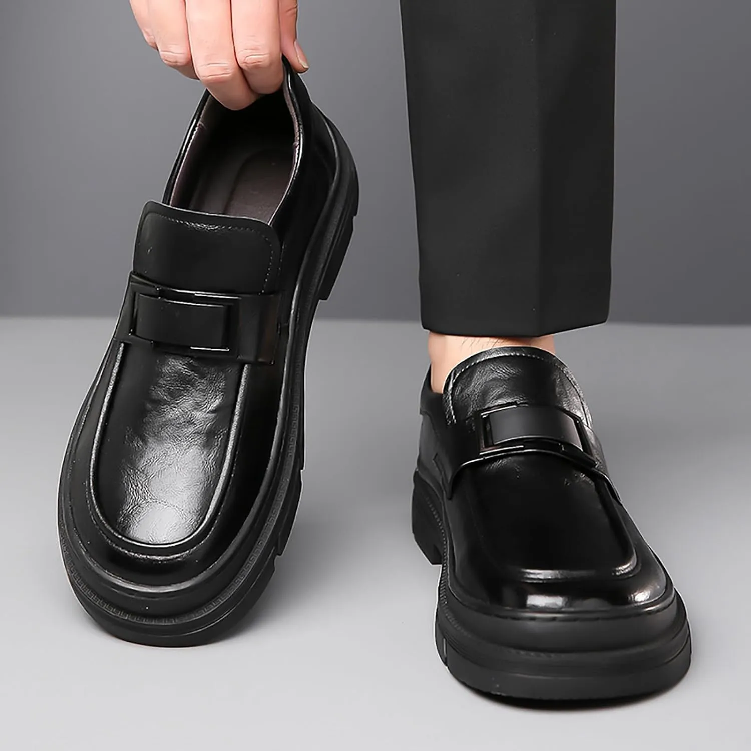 Men's Leather Round Toe Platform Slip-On Oxford Shoes,Fashion Metal Decoration Business Loafers Casual Formal Work Driving Shoes