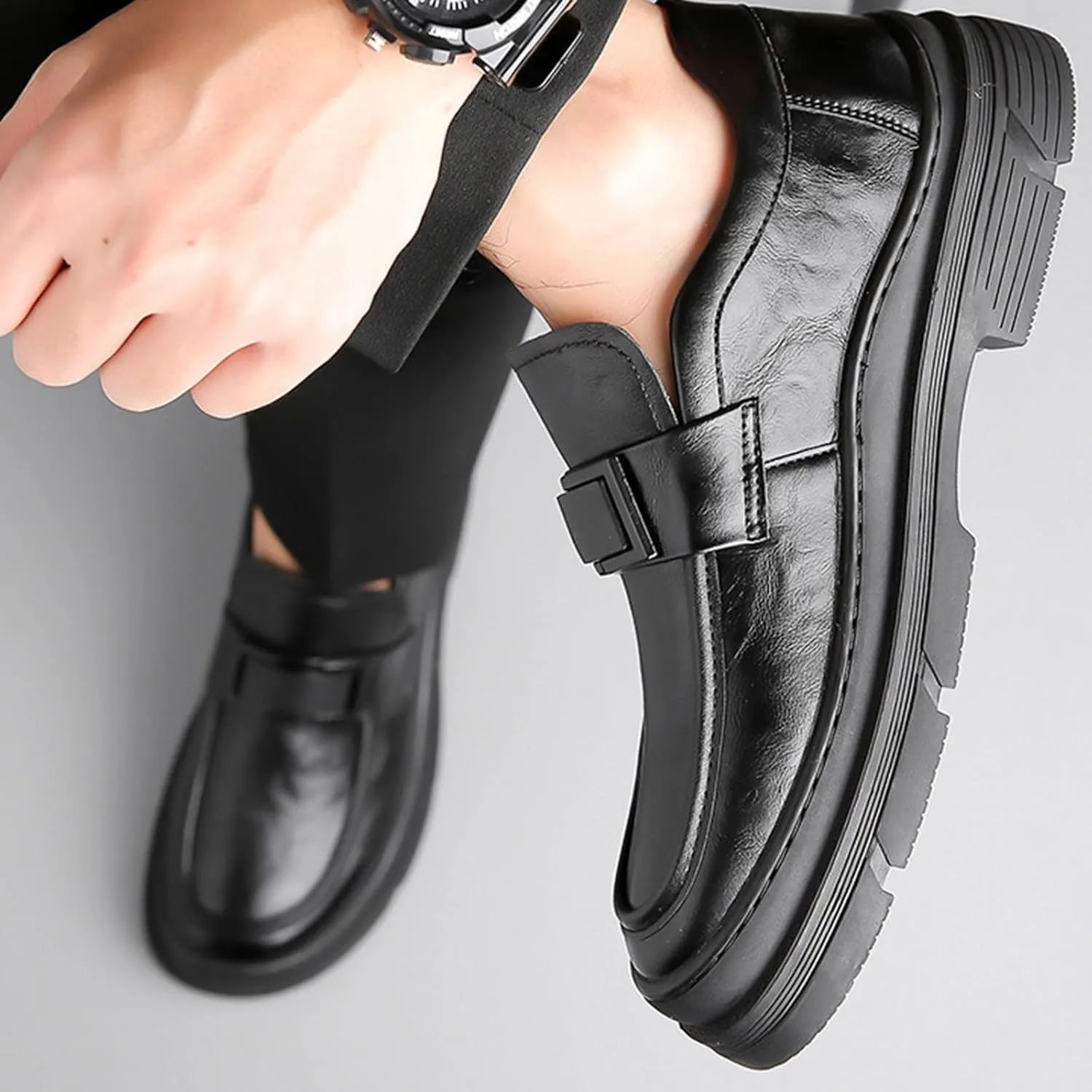 Men's Leather Round Toe Platform Slip-On Oxford Shoes,Fashion Metal Decoration Business Loafers Casual Formal Work Driving Shoes