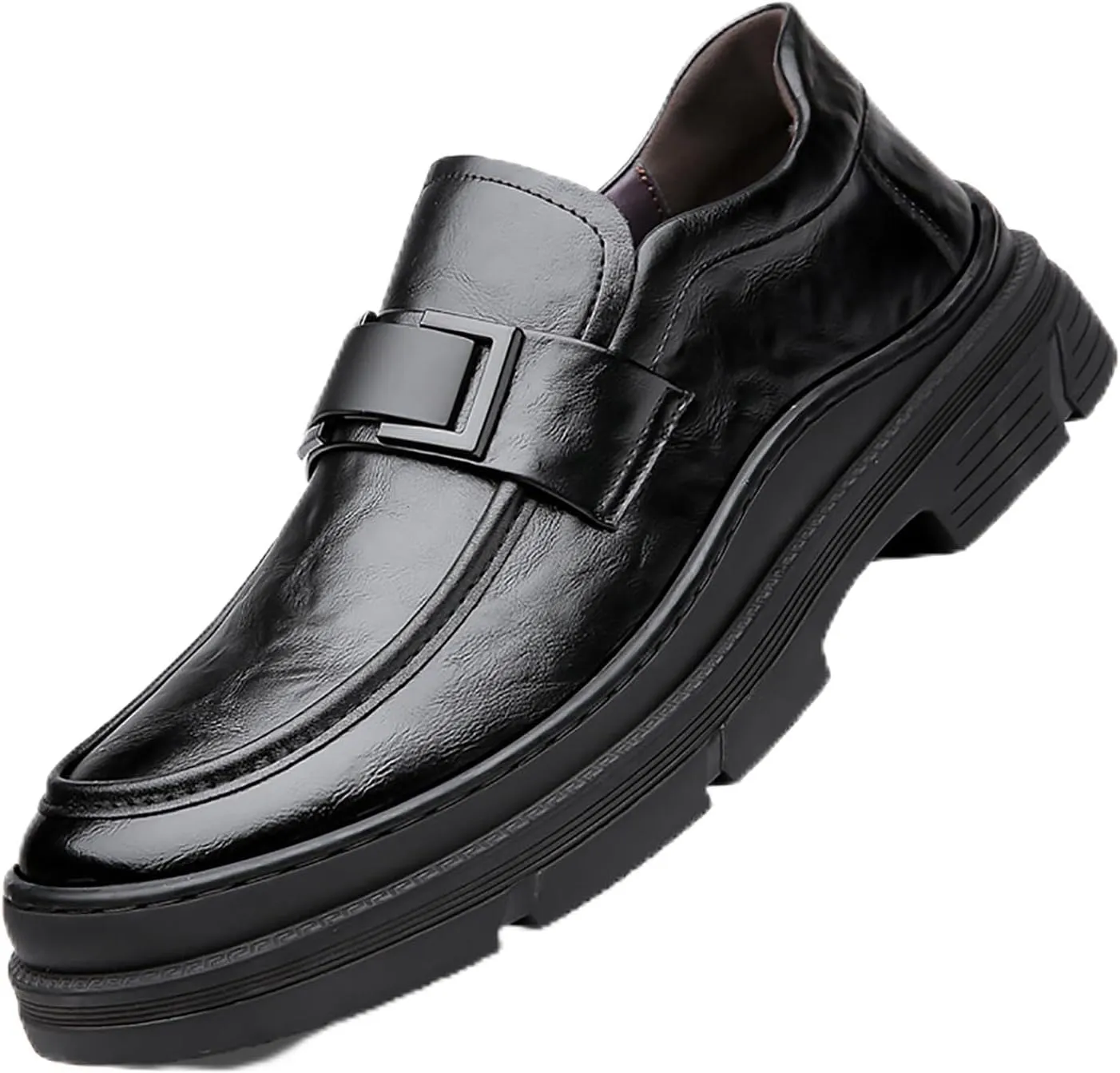 Men's Leather Round Toe Platform Slip-On Oxford Shoes,Fashion Metal Decoration Business Loafers Casual Formal Work Driving Shoes