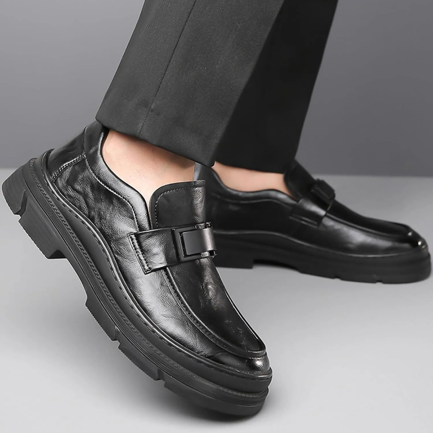Men's Leather Round Toe Platform Slip-On Oxford Shoes,Fashion Metal Decoration Business Loafers Casual Formal Work Driving Shoes