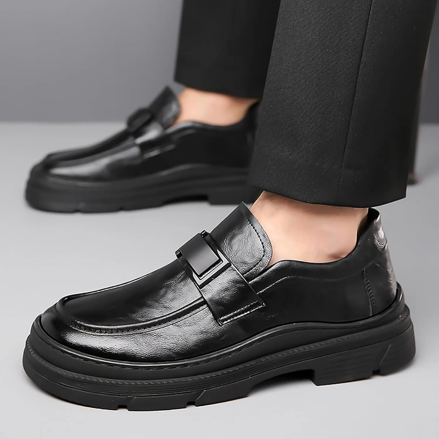 Men's Leather Round Toe Platform Slip-On Oxford Shoes,Fashion Metal Decoration Business Loafers Casual Formal Work Driving Shoes