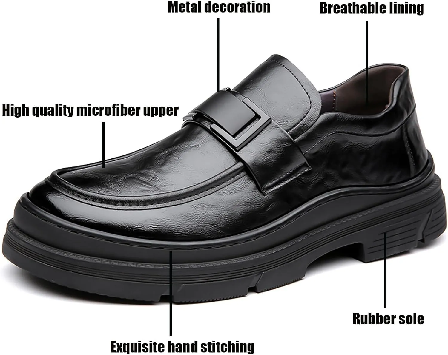 Men's Leather Round Toe Platform Slip-On Oxford Shoes,Fashion Metal Decoration Business Loafers Casual Formal Work Driving Shoes