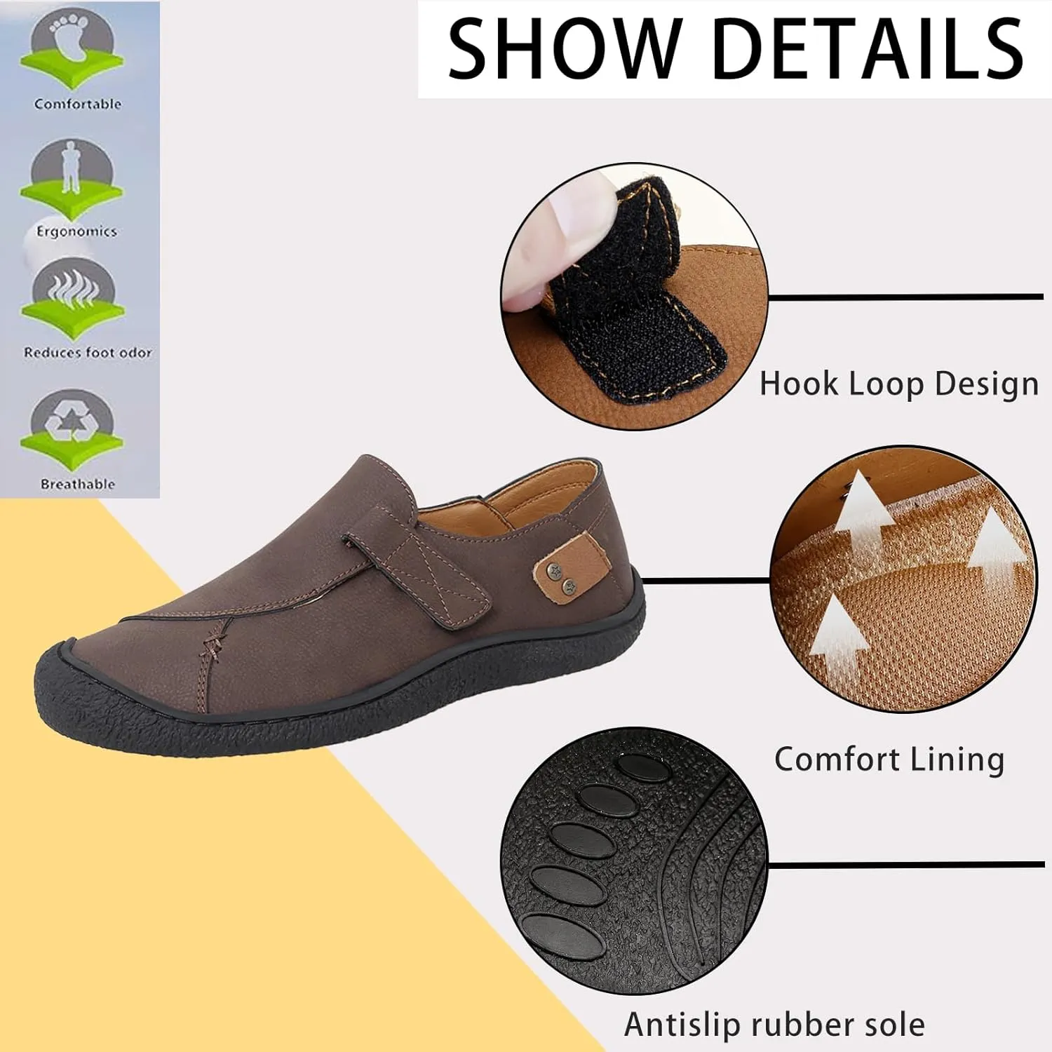 Mens Leather Slip On Loafers Comfortable Lightweight Flat Driving Loafers Fashion Hook Loop Anti-Collision Toe Walking Boat Shoes
