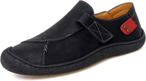 Men’s Leather Slip On Loafers Comfortable Lightweight Flat Driving Loafers Fashion Hook Loop Anti-Collision Toe Walking Boat Shoes
