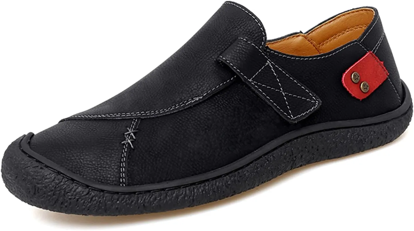 Mens Leather Slip On Loafers Comfortable Lightweight Flat Driving Loafers Fashion Hook Loop Anti-Collision Toe Walking Boat Shoes