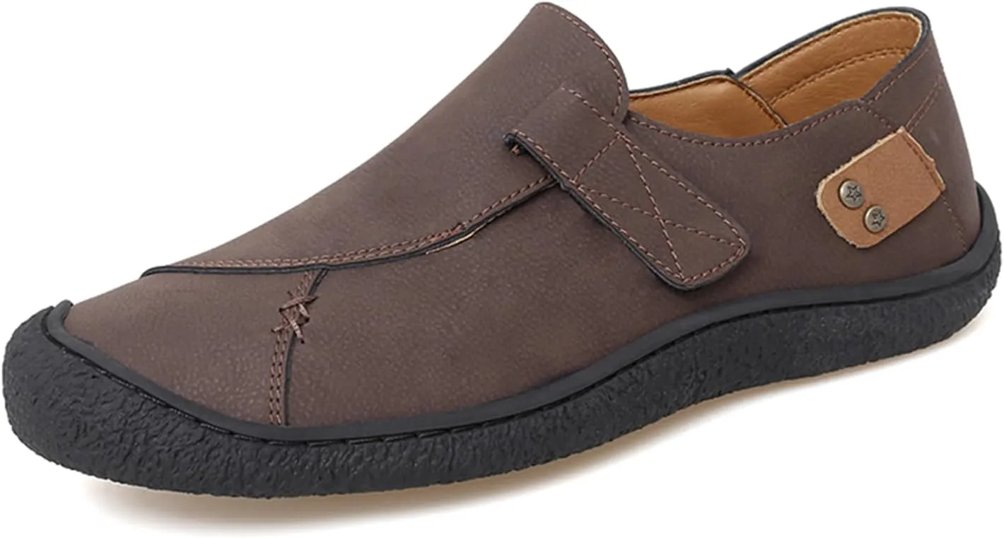 Men’s Leather Slip On Loafers Comfortable Lightweight Flat Driving Loafers Fashion Hook Loop Anti-Collision Toe Walking Boat Shoes
