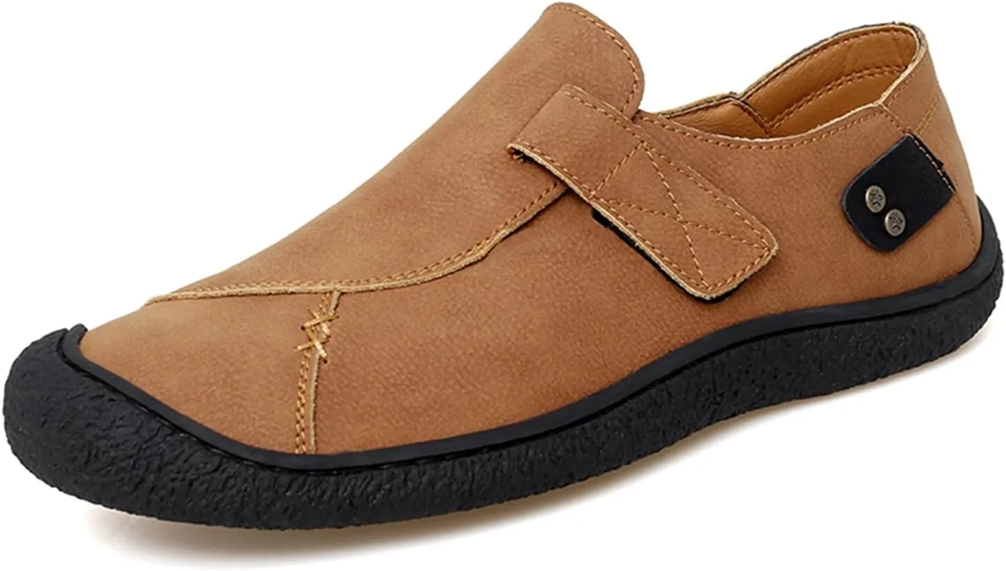 Men’s Leather Slip On Loafers Comfortable Lightweight Flat Driving Loafers Fashion Hook Loop Anti-Collision Toe Walking Boat Shoes