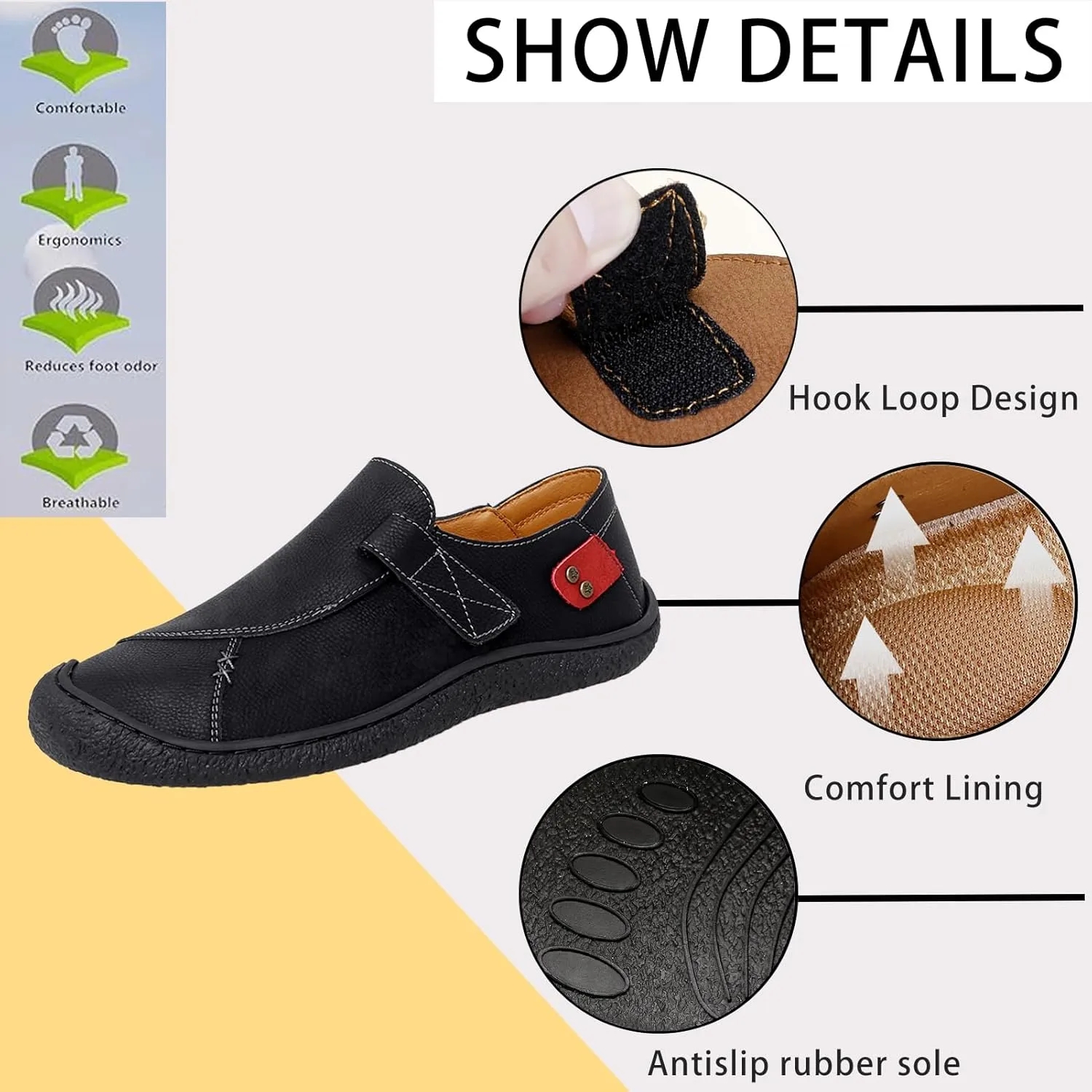 Men’s Leather Slip On Loafers Comfortable Lightweight Flat Driving Loafers Fashion Hook Loop Anti-Collision Toe Walking Boat Shoes