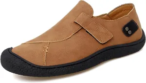 Men’s Leather Slip On Loafers Comfortable Lightweight Flat Driving Loafers Fashion Hook Loop Anti-Collision Toe Walking Boat Shoes