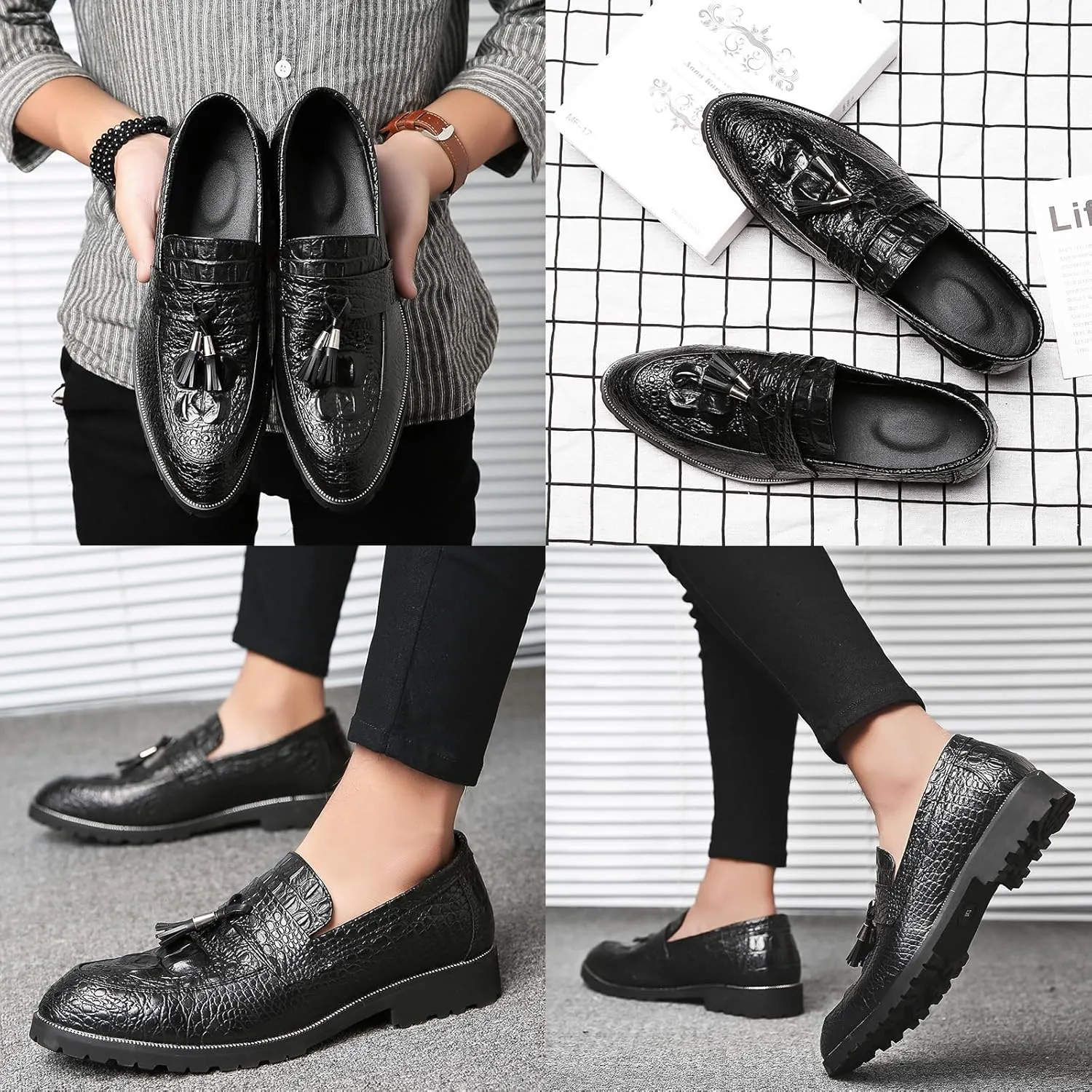 Men's Pattern Tassel Loafers,Fashion Slip-on Casual Driving Flats Smoking Slipper Classic Dress Wedding Leather Shoes