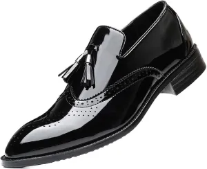 Men's Wingtip Tassel Slip On Loafers Patent Leather Lined Dress Prom Casual Breathable Business Formal Shoes for Men