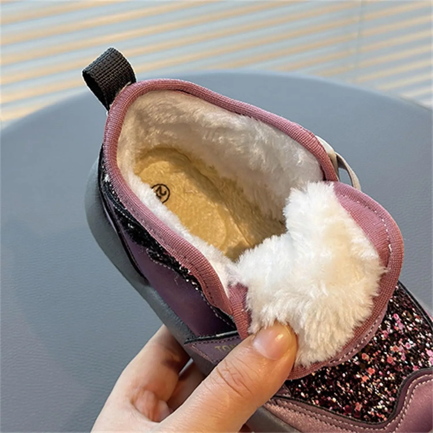 Sequins Snow Booties For Girls Kids Toddler Childrens Thick Fuzzy Shoes Open Toe Soft Sole Comfy Non Slip Boots Cotton