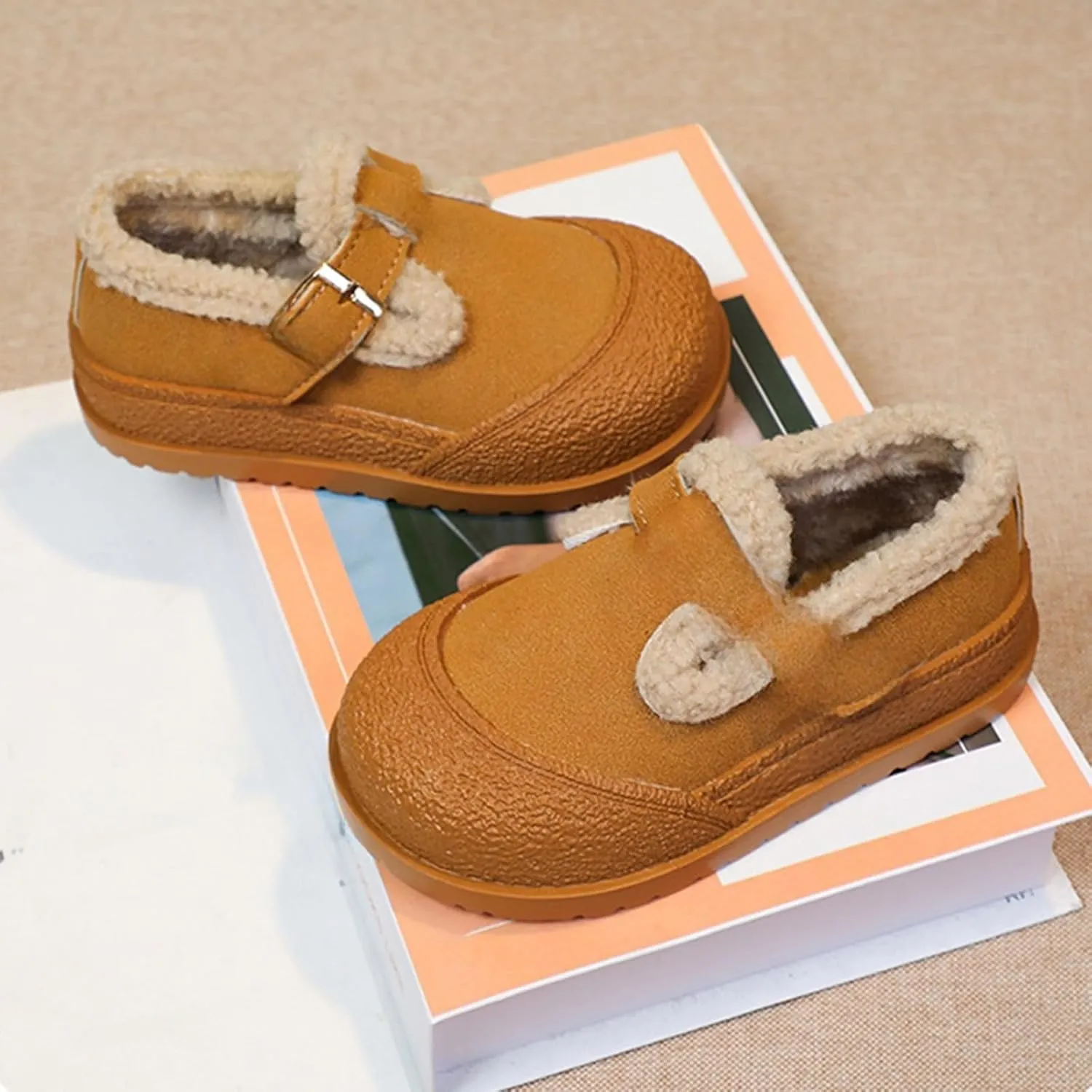Snow Sneakers for Boys Girls, Suede Platform Warm Fr Lined Fashion Slip-on Comfortable Winter Flat Ankle Shoes