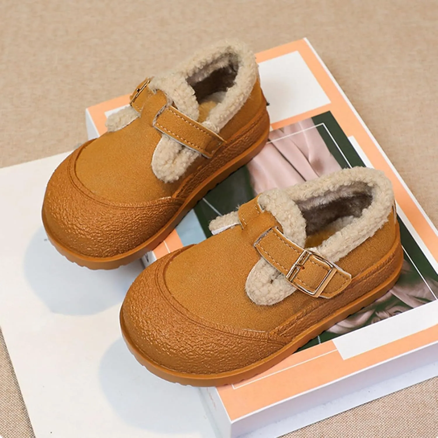 Snow Sneakers for Boys Girls, Suede Platform Warm Fr Lined Fashion Slip-on Comfortable Winter Flat Ankle Shoes