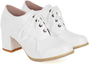 Women's Patent Leather Lace-Up Oxfords Shoes Round Toe Low Chunky Block Heels Comfortable Vintage Brogues Work Office Dress Pumps