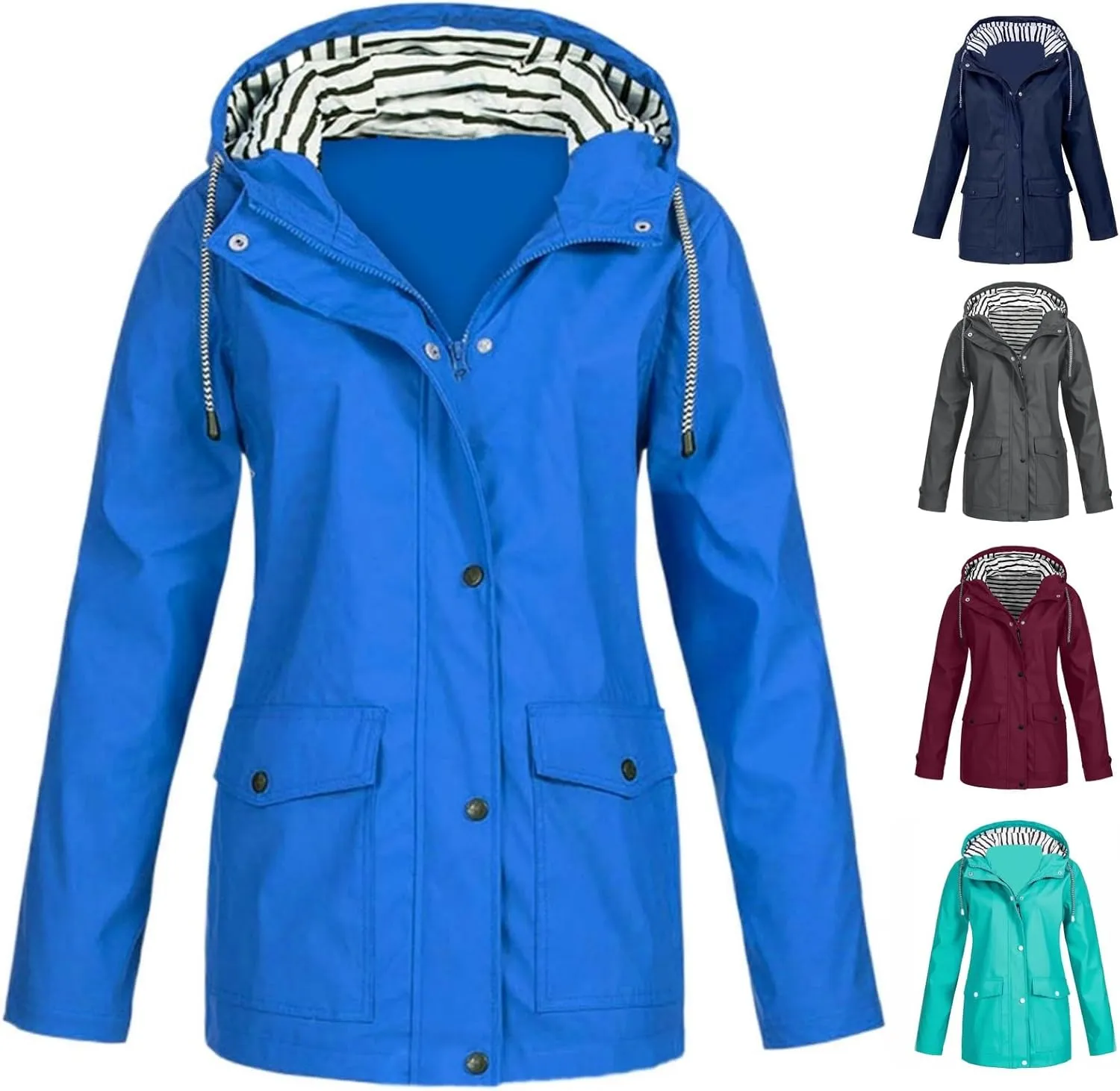 Womens Rain Jacket with Hood 2024 Fall Waterproof Plus Size Stripe Lined Zipper Lightweight Windbreaker Outdoor Coat