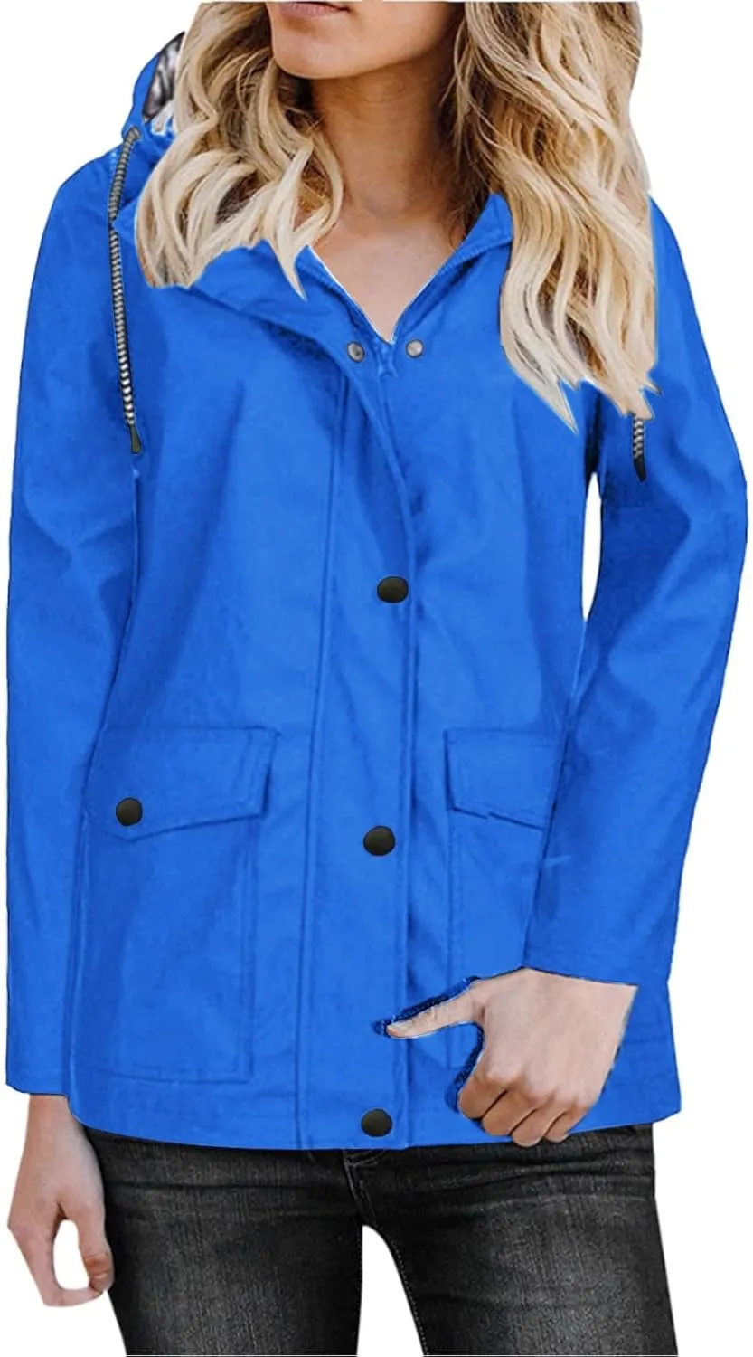 Womens Rain Jacket with Hood 2024 Fall Waterproof Plus Size Stripe Lined Zipper Lightweight Windbreaker Outdoor Coat